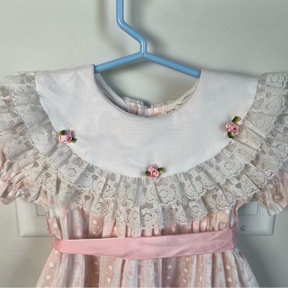 Vintage Reitman’s Dress Pink Lacey Floral with Roses, Tie & Collar 24 Months - Picture 2 of 6